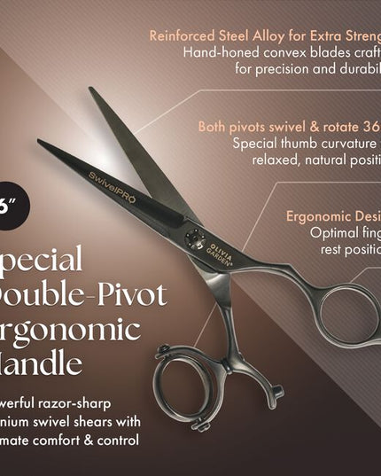 SwivelPro Shear Collection
Black titanium coating with integrated ball bearing tension dial
Special double-pivot ergonomic handle