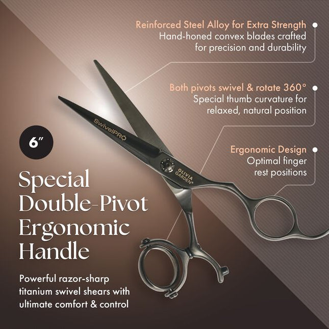 SwivelPro Shear Collection
Black titanium coating with integrated ball bearing tension dial
Special double-pivot ergonomic handle