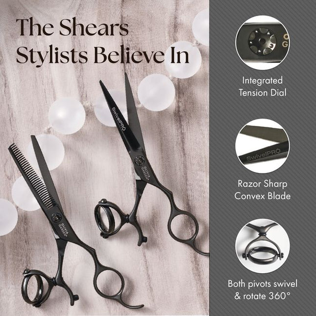 SwivelPro Shear Collection
Black titanium coating with integrated ball bearing tension dial
Special double-pivot ergonomic handle
