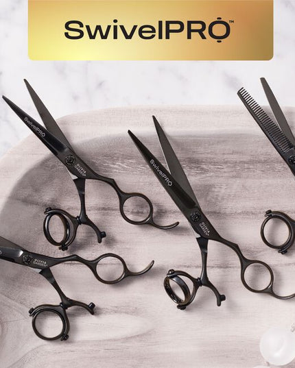 SwivelPro Shear Collection
Black titanium coating with integrated ball bearing tension dial
Special double-pivot ergonomic handle