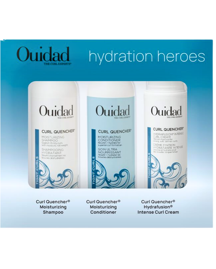 The Ouidad® Curl Quencher Hydration Heroes Kit delivers essential hydration and curl definition in a complete regimen designed for dry, thirsty curls. Powered by Ouidad’s Curl Quencher® Moisturizing Complex, this kit gently cleanses while replenishing moisture to help curls feel soft, defined, and manageable.