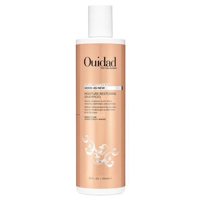 Ouidad's Curl Shaper Good As New Moisturizing Shampoo cleanses curls while adding weightless hydration. This sulfate-free formula washes away impurities and excess oil without stripping your hair, helps protect your hair’s natural barrier, and restores your curl pattern. Safflower, meadowfoam, and rice bran oil moisturize and help protect curls, and pro-vitamin B5 helps to strengthen, repair and boost shine. Safe for color-treated hair.
