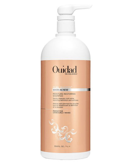 Ouidad's Curl Shaper Good As New Moisturizing Shampoo cleanses curls while adding weightless hydration. This sulfate-free formula washes away impurities and excess oil without stripping your hair, helps protect your hair’s natural barrier, and restores your curl pattern. Safflower, meadowfoam, and rice bran oil moisturize and help protect curls, and pro-vitamin B5 helps to strengthen, repair and boost shine. Safe for color-treated hair.