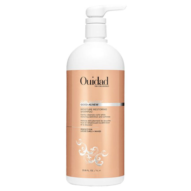 Ouidad's Curl Shaper Good As New Moisturizing Shampoo cleanses curls while adding weightless hydration. This sulfate-free formula washes away impurities and excess oil without stripping your hair, helps protect your hair’s natural barrier, and restores your curl pattern. Safflower, meadowfoam, and rice bran oil moisturize and help protect curls, and pro-vitamin B5 helps to strengthen, repair and boost shine. Safe for color-treated hair.