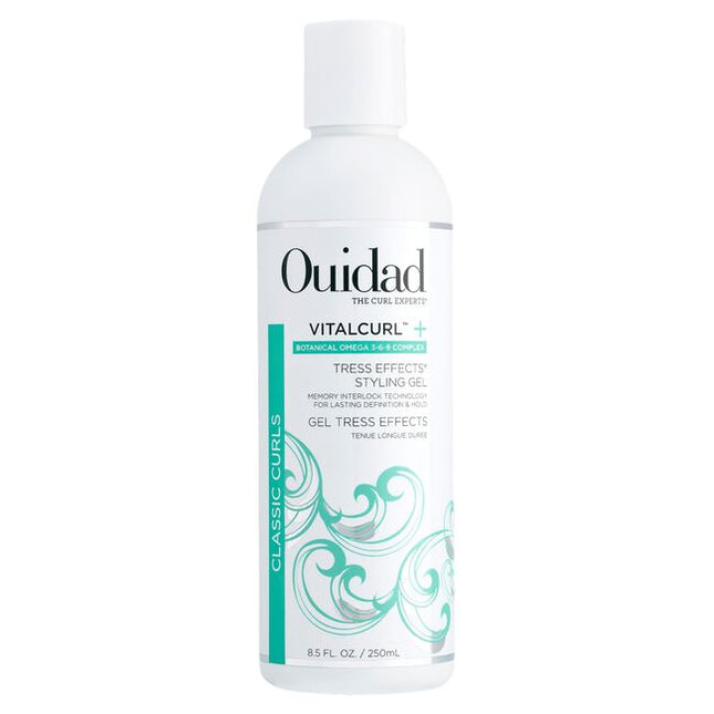 Ouidad's VitalCurl®+ Tress Effects® Styling Gel defines curls and extends the life of your style with a strong, long-lasting hold. Memory Interlock Technology forms a lightweight lattice to shape and hold the curl pattern, and reforms curls when refreshed with water. Our signature Botanical Omega 3-6-9 Complex (featuring chia seed, Japanese camellia, and sunflower oils) targets dry areas to help fortify hair’s natural lipid barrier, which retains your hair’s moisture, elasticity, and bounce.
