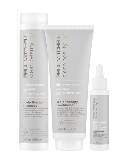 Expand your skin care routine with healthy scalp essentials from Paul Mitchell® Clean Beauty. Clean Beauty Scalp is infused with gentle botanicals that help rebalance sebum production (happy scalp!) while strengthening and nourishing strands (healthy hair!). Infused with nutrient-rich Italian grapevine sap and soothing chamomile extract, the 3-part system calms a dry, oily or sensitive scalp with instant, cooling relief you can feel (ahhh).