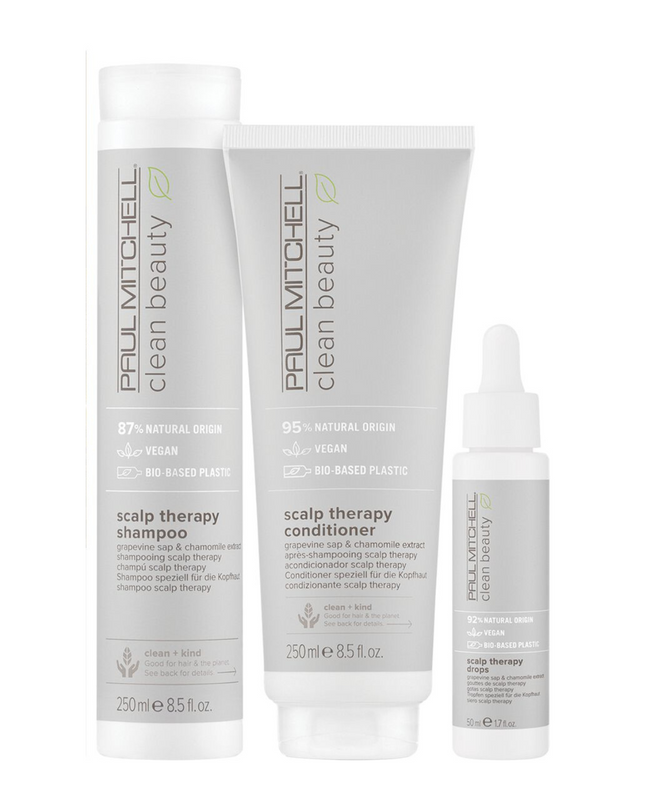 Expand your skin care routine with healthy scalp essentials from Paul Mitchell® Clean Beauty. Clean Beauty Scalp is infused with gentle botanicals that help rebalance sebum production (happy scalp!) while strengthening and nourishing strands (healthy hair!). Infused with nutrient-rich Italian grapevine sap and soothing chamomile extract, the 3-part system calms a dry, oily or sensitive scalp with instant, cooling relief you can feel (ahhh).
