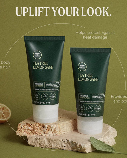 Tea Tree Lemon Sage Thickening Treatment - Volumizing Hair Mask.

Add fullness to every look and strengthen your strands with this thickening mask. Packed with body-boosting ingredients like water lily root, panthenol, biotin and rice protein, this conditioning treatment adds thickness to each strand while locking in moisture and protecting the hair shaft from future damage.