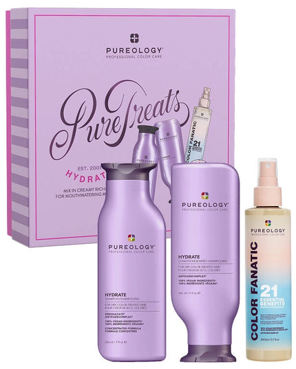 Indulge in salon-quality hydration with the Pureology Hydrate Holiday Kit, featuring Hydrate Shampoo, Hydrate Conditioner, and Color Fanatic Leave-In Treatment.