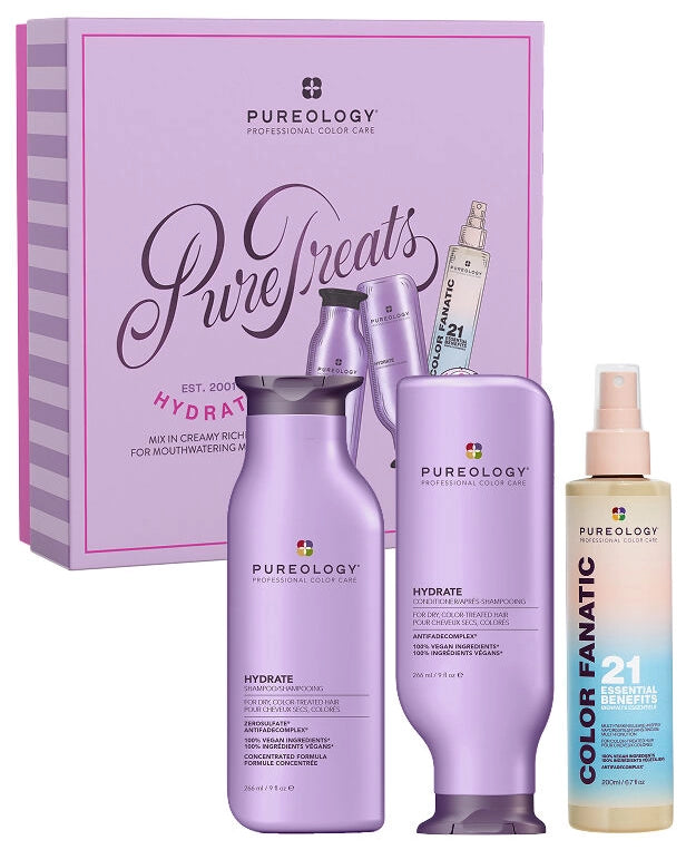 Indulge in salon-quality hydration with the Pureology Hydrate Holiday Kit, featuring Hydrate Shampoo, Hydrate Conditioner, and Color Fanatic Leave-In Treatment.