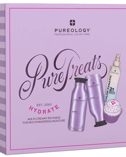 Indulge in salon-quality hydration with the Pureology Hydrate Holiday Kit, featuring Hydrate Shampoo, Hydrate Conditioner, and Color Fanatic Leave-In Treatment.