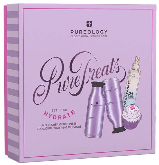 Indulge in salon-quality hydration with the Pureology Hydrate Holiday Kit, featuring Hydrate Shampoo, Hydrate Conditioner, and Color Fanatic Leave-In Treatment.