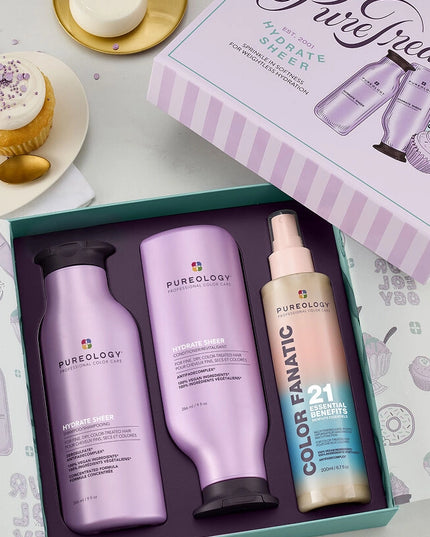 The Pureology Hydrate Sheer Holiday Kit delivers lightweight, touchable moisture to fine, dry, and color-treated hair, without buildup.&nbsp;