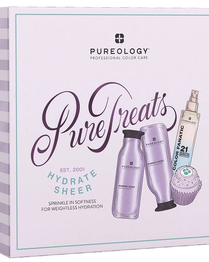The Pureology Hydrate Sheer Holiday Kit delivers lightweight, touchable moisture to fine, dry, and color-treated hair, without buildup.&nbsp;