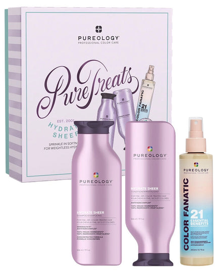 The Pureology Hydrate Sheer Holiday Kit delivers lightweight, touchable moisture to fine, dry, and color-treated hair, without buildup.&nbsp;