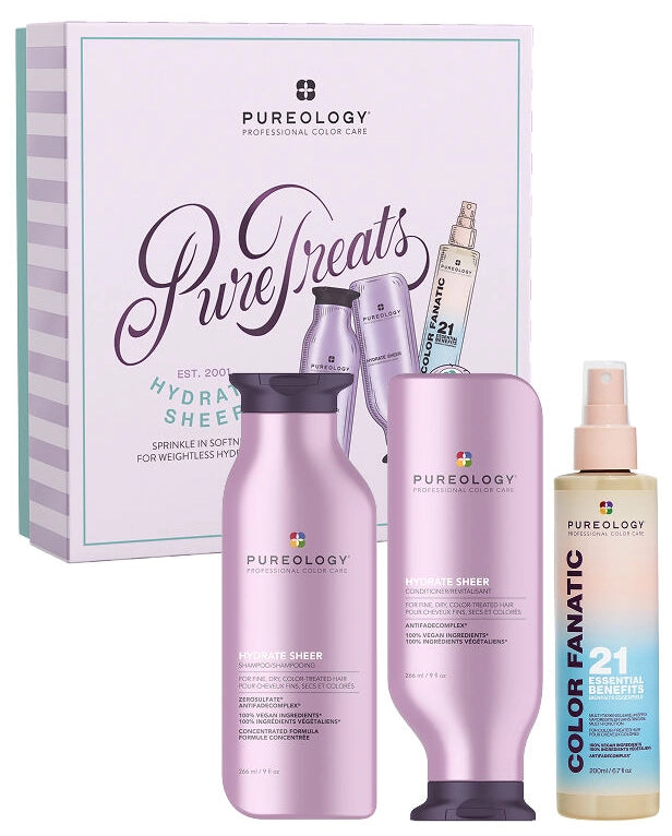 The Pureology Hydrate Sheer Holiday Kit delivers lightweight, touchable moisture to fine, dry, and color-treated hair, without buildup.&nbsp;