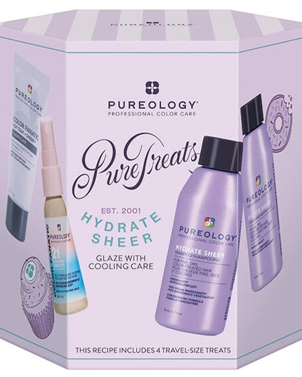 The Pureology Hydrate Sheer Mini Kit is your travel-size solution for fine, dry, color-treated hair, delivering touchable softness, color protection, and frizz vontrol without weighing hair down.