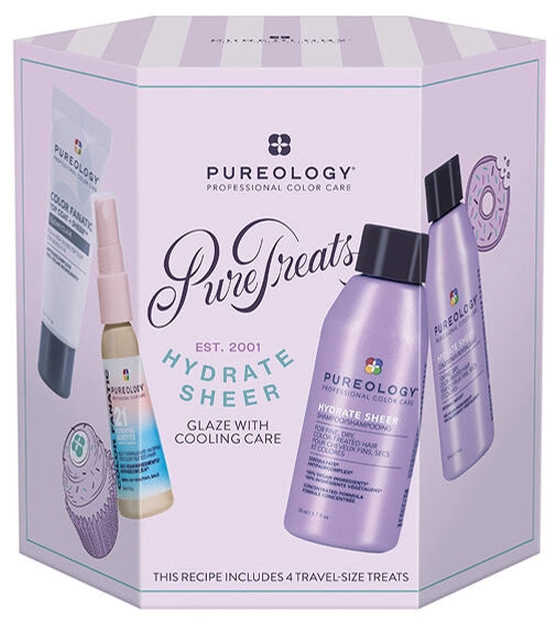 The Pureology Hydrate Sheer Mini Kit is your travel-size solution for fine, dry, color-treated hair, delivering touchable softness, color protection, and frizz vontrol without weighing hair down.