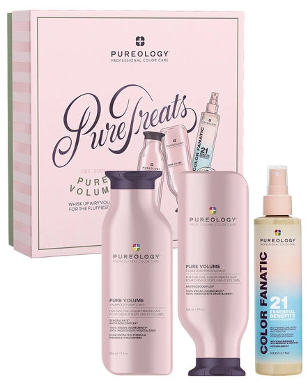 The Pureology Pure Volume Holidah Kit is your go-to system for fine, flat, and color-treated hair, delivering weightless body, lift, and movement while keeping hair soft and hydrated.