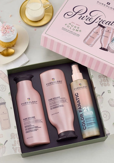 The Pureology Pure Volume Holidah Kit is your go-to system for fine, flat, and color-treated hair, delivering weightless body, lift, and movement while keeping hair soft and hydrated.