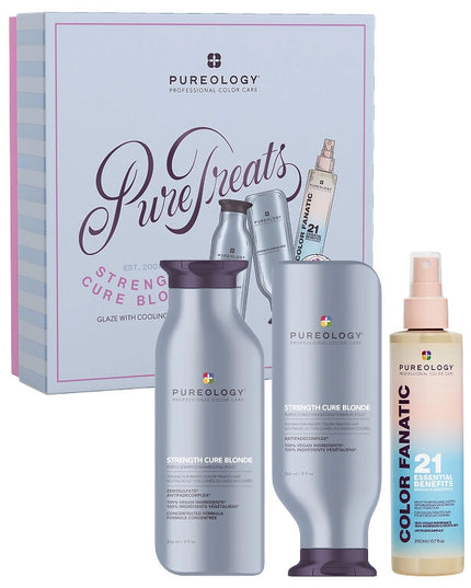 The Pureology Strength Cure Blonde Holiday Kit is a must-have for lightened hair, helping to neutralize brassy tones while repairing damage and preventing future breakage.
