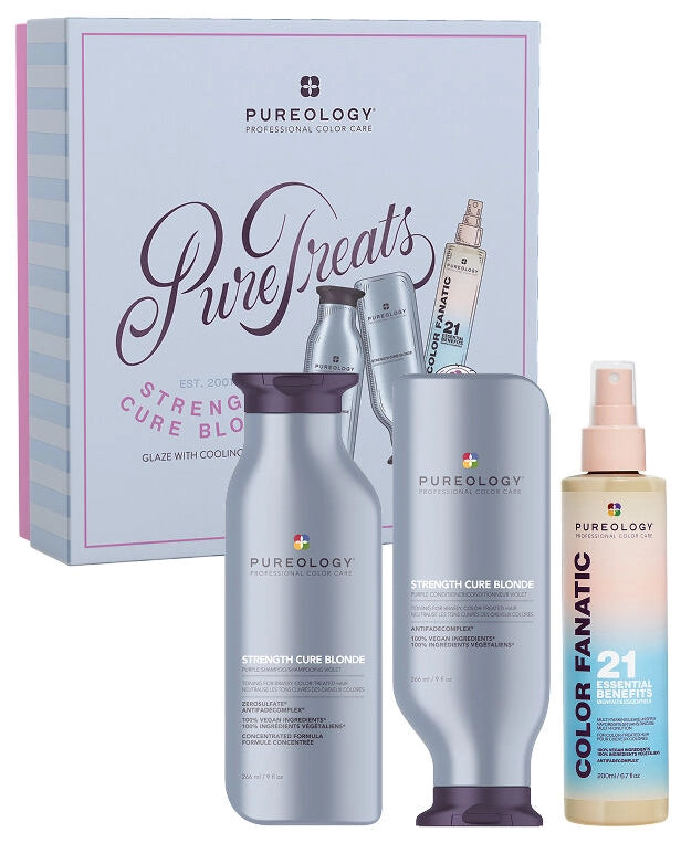 The Pureology Strength Cure Blonde Holiday Kit is a must-have for lightened hair, helping to neutralize brassy tones while repairing damage and preventing future breakage.