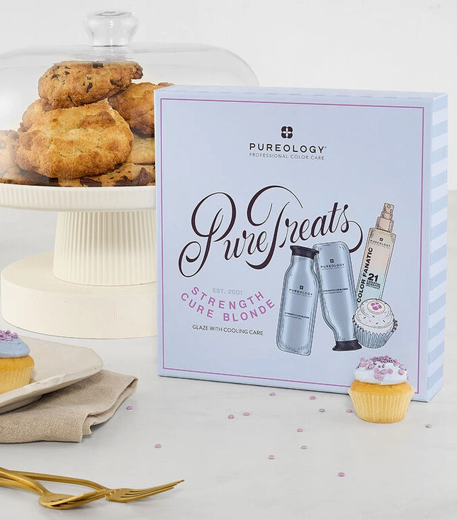 The Pureology Strength Cure Blonde Holiday Kit is a must-have for lightened hair, helping to neutralize brassy tones while repairing damage and preventing future breakage.