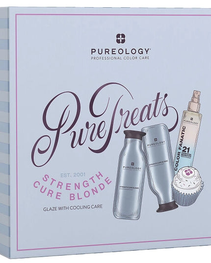 The Pureology Strength Cure Blonde Holiday Kit is a must-have for lightened hair, helping to neutralize brassy tones while repairing damage and preventing future breakage.