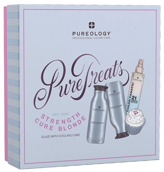 The Pureology Strength Cure Blonde Holiday Kit is a must-have for lightened hair, helping to neutralize brassy tones while repairing damage and preventing future breakage.