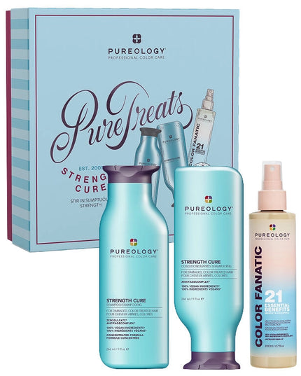 The Pureology Strength Cure Holiday Kit is your ultimate damage-repairing system, created to strengthen and restore color-treated, damaged, or over-processed hair.