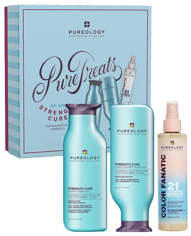The Pureology Strength Cure Holiday Kit is your ultimate damage-repairing system, created to strengthen and restore color-treated, damaged, or over-processed hair.