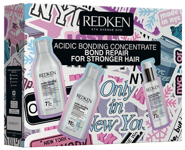 Limited edition holiday set that includes full-size Acidic Bonding Concentrate Shampoo, Conditioner, and 24/7 Night &  Day Serum.