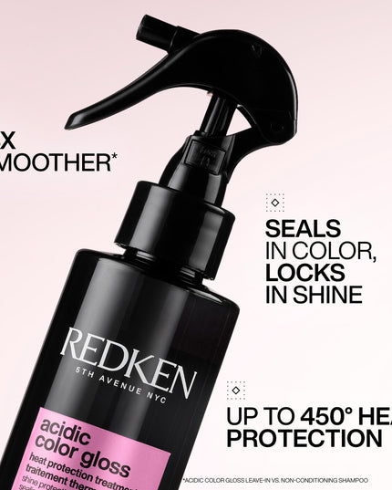 Redken Acidic Color Gloss Heat Protection Leave-In Treatment Spray for color-treated hair is a leave-in conditioner spray that offers heat protection from heat styling, hydrates hair, detangles and conditions.