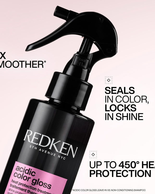 Redken Acidic Color Gloss Heat Protection Leave-In Treatment Spray for color-treated hair is a leave-in conditioner spray that offers heat protection from heat styling, hydrates hair, detangles and conditions.