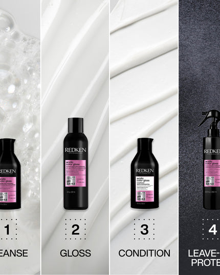 Redken Acidic Color Gloss Heat Protection Leave-In Treatment Spray for color-treated hair is a leave-in conditioner spray that offers heat protection from heat styling, hydrates hair, detangles and conditions.