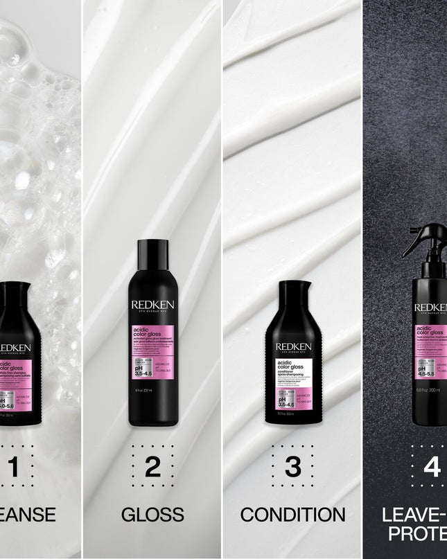 Redken Acidic Color Gloss Heat Protection Leave-In Treatment Spray for color-treated hair is a leave-in conditioner spray that offers heat protection from heat styling, hydrates hair, detangles and conditions.
