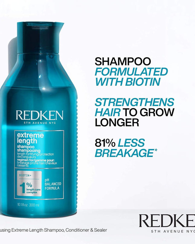 Shampoo with Redken's Length Care Complex featuring Biotin for damaged hair seeking length and strength.