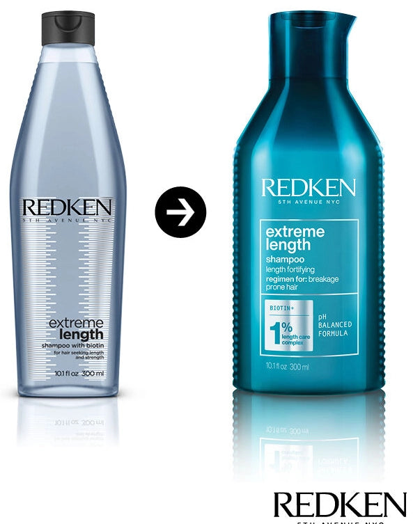 Shampoo with Redken's Length Care Complex featuring Biotin for damaged hair seeking length and strength.