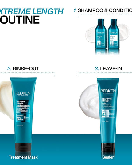 Shampoo with Redken's Length Care Complex featuring Biotin for damaged hair seeking length and strength.