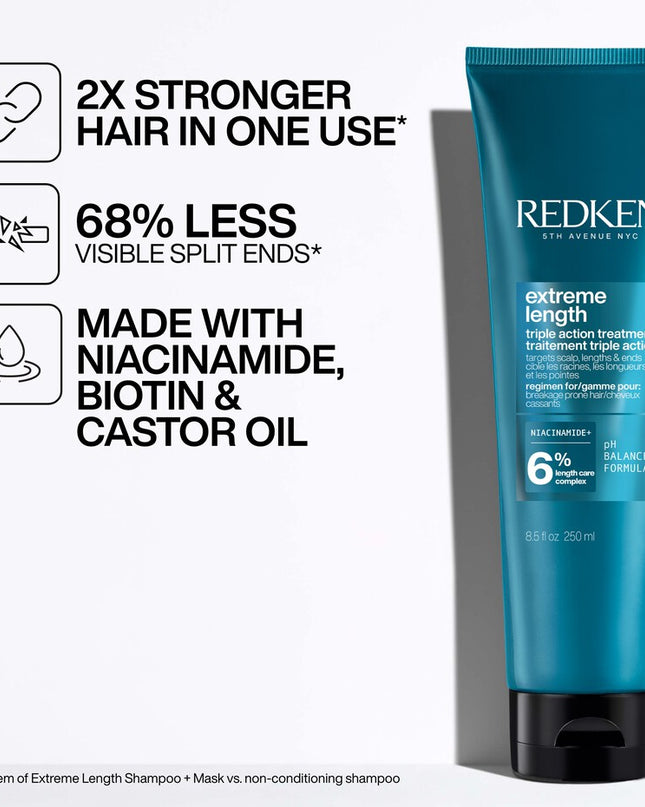 5 minute triple action treatment mask that helps promote a healthy, nourished scalp, strengthen the lengths, and visibly reduce split ends for longer, stronger hair. Formulated with Length Care Complex, featuring biotin, niacinamide and castor oil.