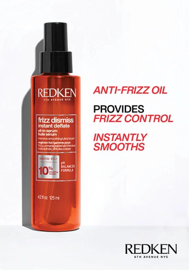 Frizz Dismiss Instant Deflate is a hair oil-in-serum suitable for all hair types that helps control the excess volume on puffy, frizzy hair caused by humidity.