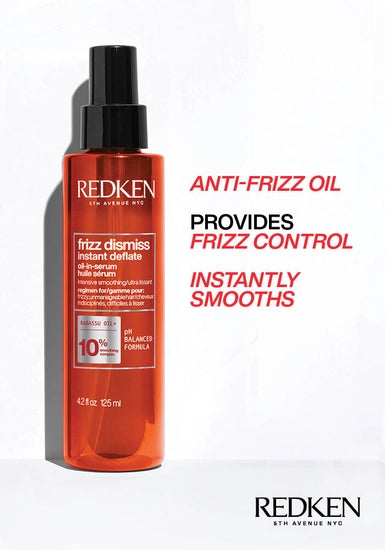 Frizz Dismiss Instant Deflate is a hair oil-in-serum suitable for all hair types that helps control the excess volume on puffy, frizzy hair caused by humidity.