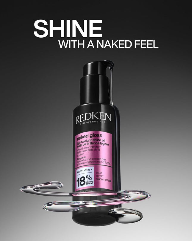 Redken Naked Gloss Hair Shine Oil is a lightweight formula designed to enhance hair shine and color vibrancy, utilizing advanced pH Science with Saturated fatty acids and Omega-9 to seal in moisture and smooth the cuticle. This oil can be applied to damp or dry hair daily, providing a non-greasy, naked feel while protecting against heat damage up to 450 degrees.