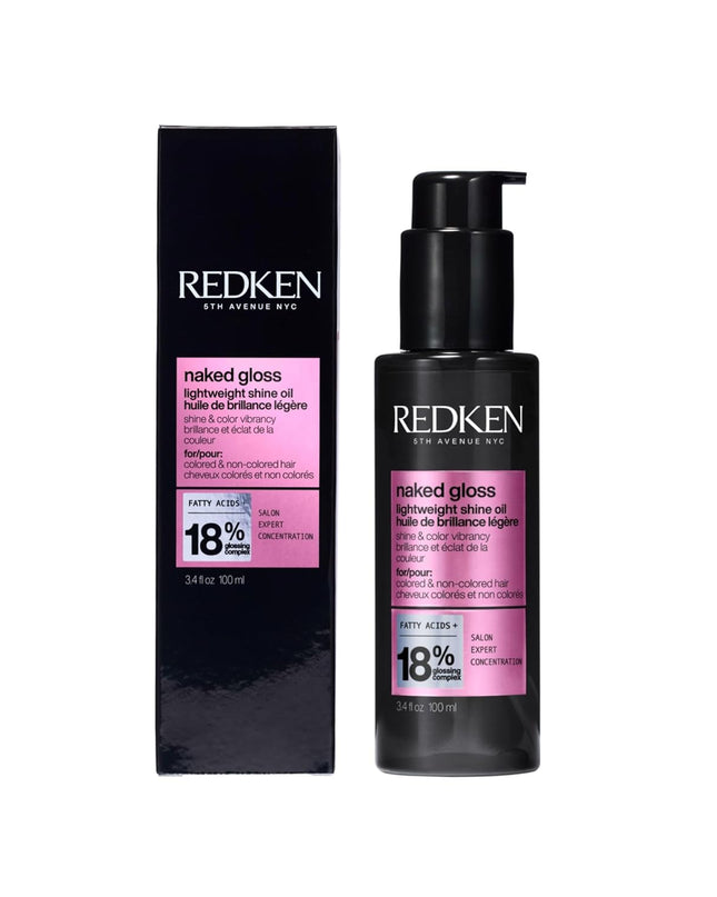 Redken Naked Gloss Hair Shine Oil is a lightweight formula designed to enhance hair shine and color vibrancy, utilizing advanced pH Science with Saturated fatty acids and Omega-9 to seal in moisture and smooth the cuticle. This oil can be applied to damp or dry hair daily, providing a non-greasy, naked feel while protecting against heat damage up to 450 degrees.