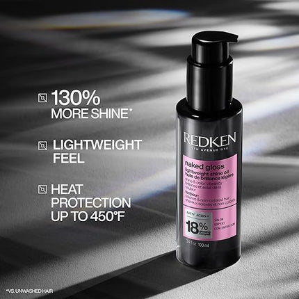 Redken Naked Gloss Hair Shine Oil is a lightweight formula designed to enhance hair shine and color vibrancy, utilizing advanced pH Science with Saturated fatty acids and Omega-9 to seal in moisture and smooth the cuticle. This oil can be applied to damp or dry hair daily, providing a non-greasy, naked feel while protecting against heat damage up to 450 degrees.