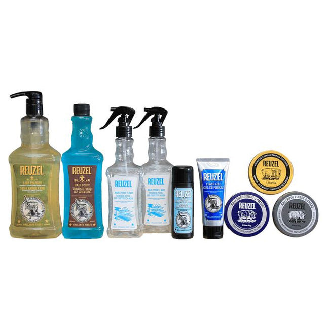 Get Started with Reuzel Kit Includes:

(4) - Fiber Pomade, 3.38 oz.
(3) - Blue Strong Hold Water Soluble Pomade, 3.38 oz.
(4) - Extreme Hold Matte Pomade, 3.38 oz.
(4) - Severed Head Clay Pomade, 3.38 oz.
(4) - Fiber Gel, 3.38 oz.
(4) - Matte Texture Powder, 0.53 oz.
(1) - Printed Materials
(4) - Gravity Feeds
(1) - 3-in-1 SHampoo, 33.8 fl. oz.
(1) - Liter Pump
(1) - Hair Tonic, 16.9 fl. oz.
(2) - Reuzel Spray Bottle