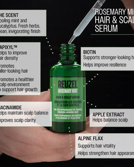 Rosemary Mint Hair & Scalp Serum is a weightless serum featuring REUZEL’sproprietary R3 Peptide and Cellular Nutrient Complex. Designed to supportscalp balance and visible hair resilience delivering the appearance offuller-looking hair, while helping reduce the appearance of visible shedding.
