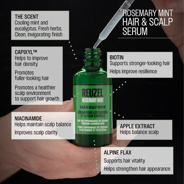 Rosemary Mint Hair & Scalp Serum is a weightless serum featuring REUZEL’sproprietary R3 Peptide and Cellular Nutrient Complex. Designed to supportscalp balance and visible hair resilience delivering the appearance offuller-looking hair, while helping reduce the appearance of visible shedding.