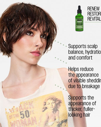 Rosemary Mint Hair & Scalp Serum is a weightless serum featuring REUZEL’sproprietary R3 Peptide and Cellular Nutrient Complex. Designed to supportscalp balance and visible hair resilience delivering the appearance offuller-looking hair, while helping reduce the appearance of visible shedding.