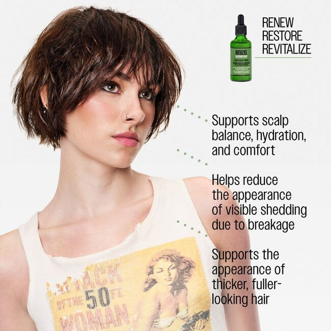 Rosemary Mint Hair & Scalp Serum is a weightless serum featuring REUZEL’sproprietary R3 Peptide and Cellular Nutrient Complex. Designed to supportscalp balance and visible hair resilience delivering the appearance offuller-looking hair, while helping reduce the appearance of visible shedding.